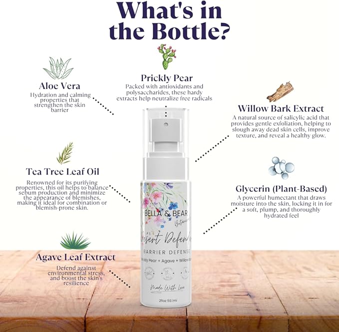Bella & Bear - Desert Defender Barrier Defense Toner for All Skin Types - Hydrating & Clarifying Face Toner with Prickly Pear, Agave, Aloe & Willow Bark - Supports Skin Barrier, Reduces Blemishes