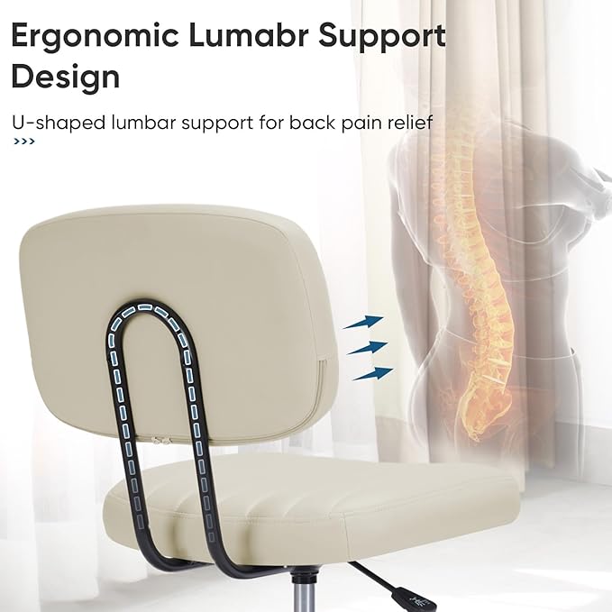 DUMOS Small Office Desk Chair - Armless PU Leather with Comfy Lumbar Support, Height Adjustable Rolling Swivel Task for No Arms, for Adult, Student, Bedroom, Home, Vanity, Beige White