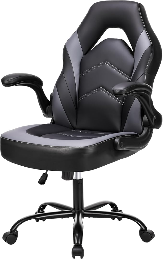 NEWBULIG Computer Gaming Desk Chair - Big Tall Ergonomic Lumbar Support with Flip-up Armrest and 360° Swivel Wheels, PU Leather Height Adjustable, for Home and Office, Grey