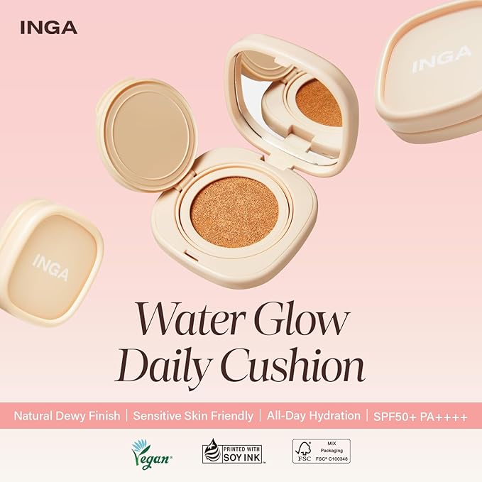 INGA Water Glow Daily Cushion Foundation (13N Fair Beige) - Natural Dewy Finish, Hydrating, Lightweight & Buildable Coverage, Skin-Fit Texture, Quick and Easy Radiant Glow