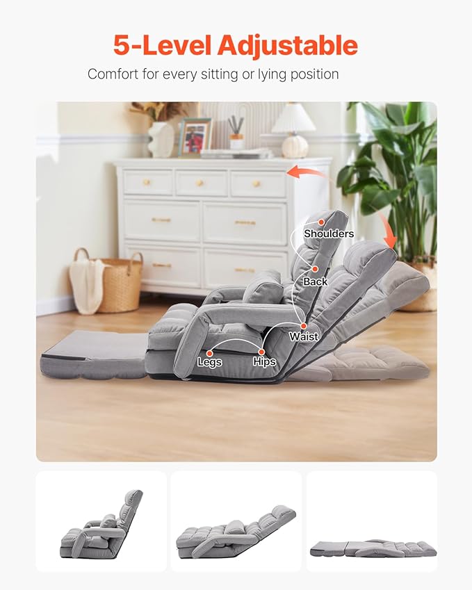 VEVOR Floor Chair, Floor Gaming Chair with 5 Adjustable Position and Back Support, Folding Sofa Chair with Armrest for Adults, Sofa Lounger Bed with Back Cushion for Living Room and Bedroom, Gray