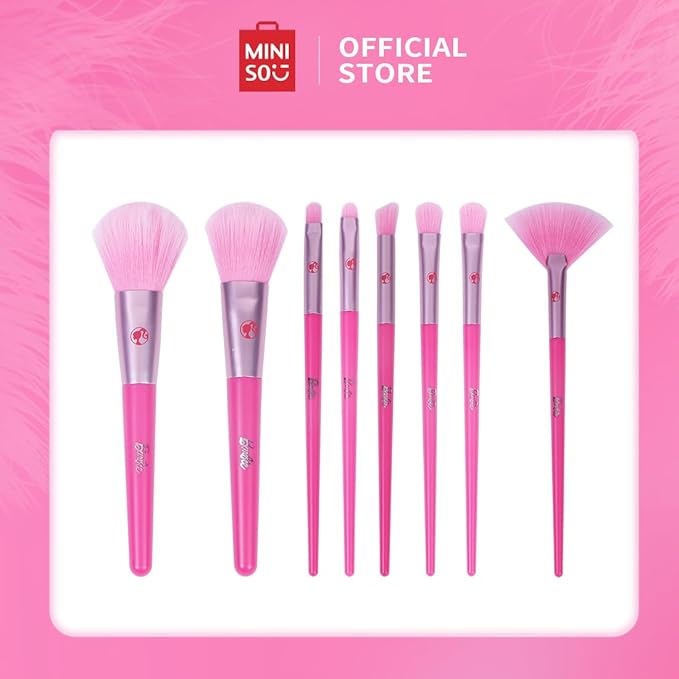 MINISO Barbie Makeup Brush Set 8 pcs Premium Synthetic Fiber Cosmetic Brushes for Foundation Blush Eyeshadow, Gift for Women Girls, Pink