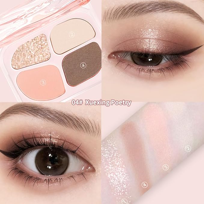 Peach Nude Mini Eyeshadow Palette – 4-Color Apricot & Cream Beige Matte Shades with Champagne Gold Glitter, High Pigment Long-Lasting Blendable Warm Brown Soft Glam Eye Shadow for Daily Natural Makeup