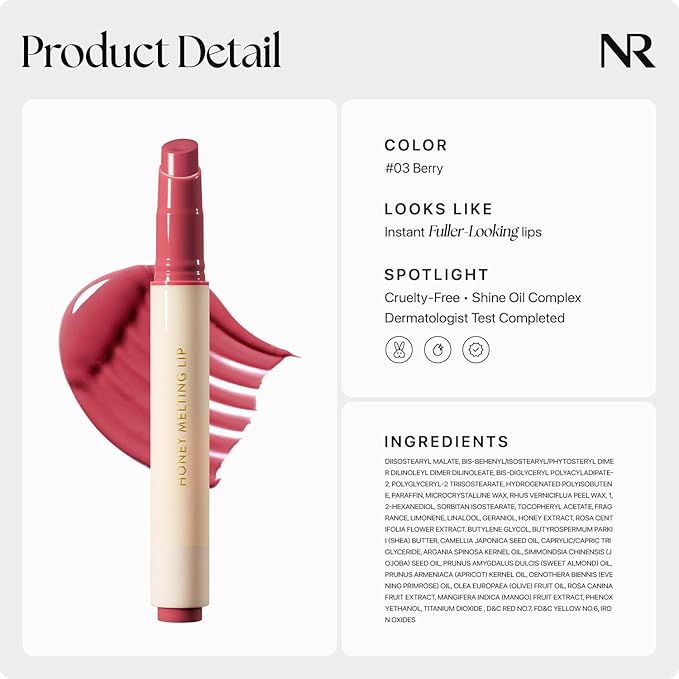 Nature Republic HONEY MELTING LIP (03 BERRY) SOFT LIP STICK, Hydrating Gloss, Moisturizing balms, Sheer tint, Shine & Glowy Finish, korean make up