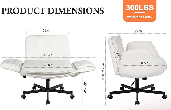 Criss Cross Chair with Wheels & Arms, Chenille Cross Legged Office Chair with 5-level Folding Armrest, Comfortable Adjustable Swivel Vanity Chair for Home, Make Up, Bed Room, Office, Accent (White)