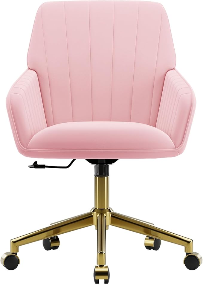 YITAI Velvet Office Desk Armchairs with Gold Base and Wheels,Modern Height Adjustable 360 Degree Swivel Upholstered Vanity Chairs for Living/Room Bedroom/Study,Pink