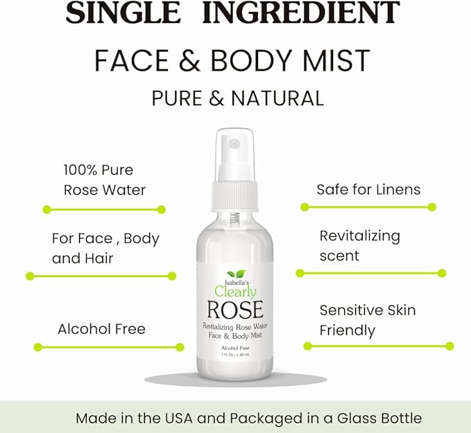 Isabella's Clearly Rose - 100% Pure Rose Petal Water Spray for Hydration, Body and Hair | Revitalizing Aromatherapy Mist | Alcohol-Free, No Additives, Glass Bottle, Made in USA (2 Oz)