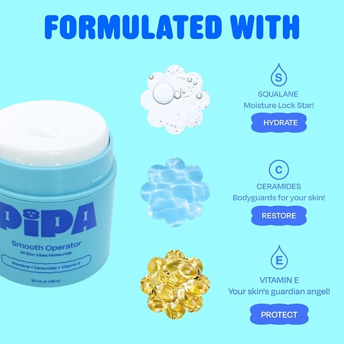Pipa Skincare Smooth Operator Kids Face Moisturizer 1.7 oz | Clean, Non-Toxic, Hypoallergenic, Fragrance-Free Lotion | Multi-Vitamin Ceramides Cream | Gentle Skin Care Easter Gift for Tweens