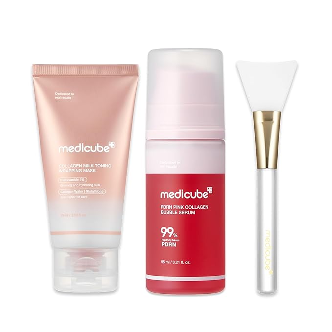 medicube Quick Glow Set: Collagen Glazed Milky Glow Daytime Wrapping Mask, PDRN Pink Collagen Bubble Serum and a Jelly Brush | For Plumper, Glowing Skin
