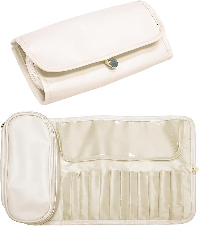 Portable Folding Makeup Brush Bag,Travel Toiletry Bag with Dividers & Independent Partition for Brushes & Skincare, Toothbrush Holder,Rollup & Open Flat cosmetic Organizer,Waterproof &Hanging (white)