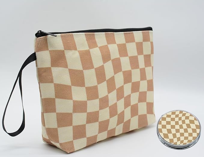 Personalized Brown Checkered Makeup Bag set with Mirror for Women, Checkered Travel Cosmetic bag kit with10 pieces pink brush set，Brown Plaid Gifts for Girls Mom Femal Friends