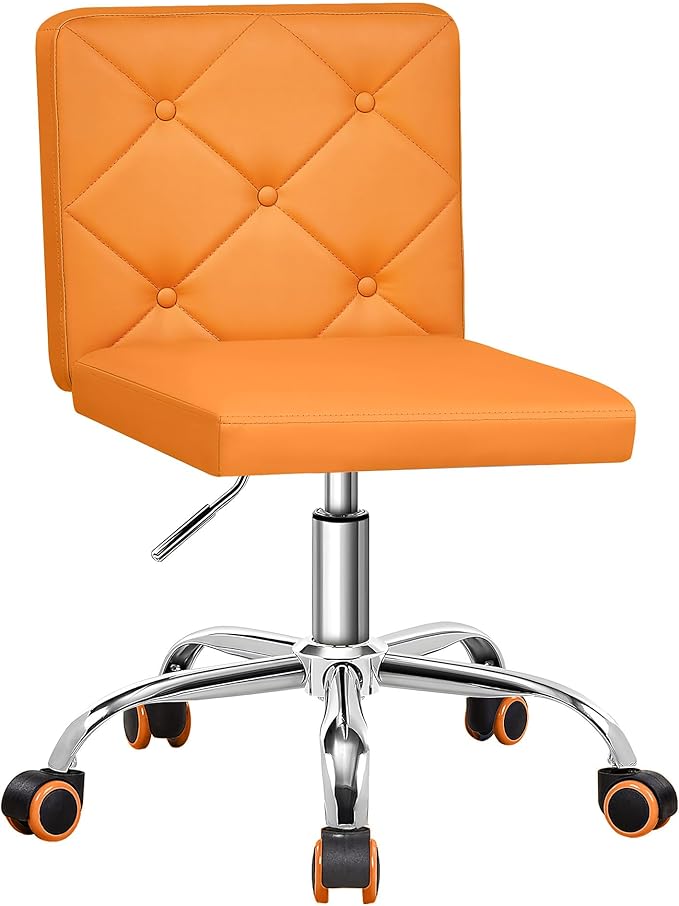 VECELO PU Leather Mid-Back Armless Vanity Chair Adjustable Height 360° Rolling Swivel for Home Office Work