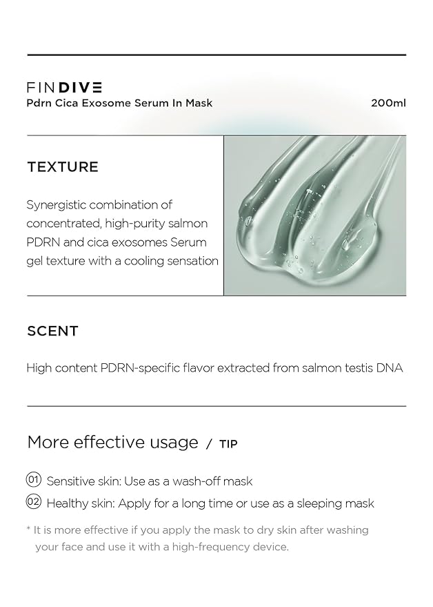 FINDIVE OFFICIAL PDRN CICA Exosome Serum in Mask, PDRN (Sodium DNA) 5,000ppm, Cica Exosome 1,000ppm, Marin Collagen, Soothes, Regenerates Skin, Korean Skincare 6.76fl.oz