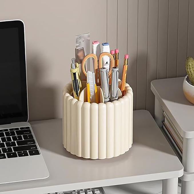 Anyoifax 360 Rotating Makeup Brush Holder 7 Slots Make Up Brush Organizer Removable Spinning Cosmetic Brushes Storage Pen Holder for Vanity, Dresser, Desk, Beige