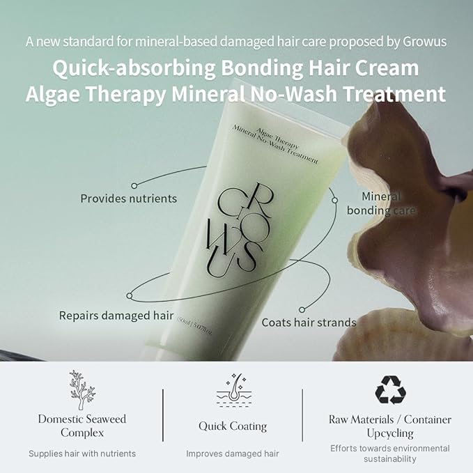 GROWUS Algae Therapy Mineral No-Wash Treatment | Leave-In Hair Treatment with Deep Sea Minerals & Nutrient Supply | Lightweight with Sweet Green Muscat Scent | Silicone Free (8.45 Fl Oz / 150ml)