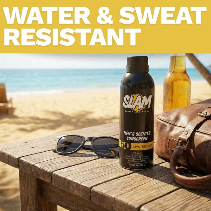 SLAM WoodsMan Men's Scented Sunscreen Spray SPF 50 – Broad Spectrum Sun Screen for Face & Body, Waterproof & Sweat Resistant Spray Sunscreen SPF 50, UVA/UVB Protection, Mens Sunblock
