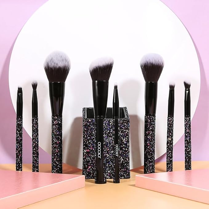docolor 8PCS Glitter Makeup Brushes with Holder, Make Up Brush Set for Foundation Contour Blush Eyeshadow Eyebrow Blending, Soft Synthetic Bristles (Black)