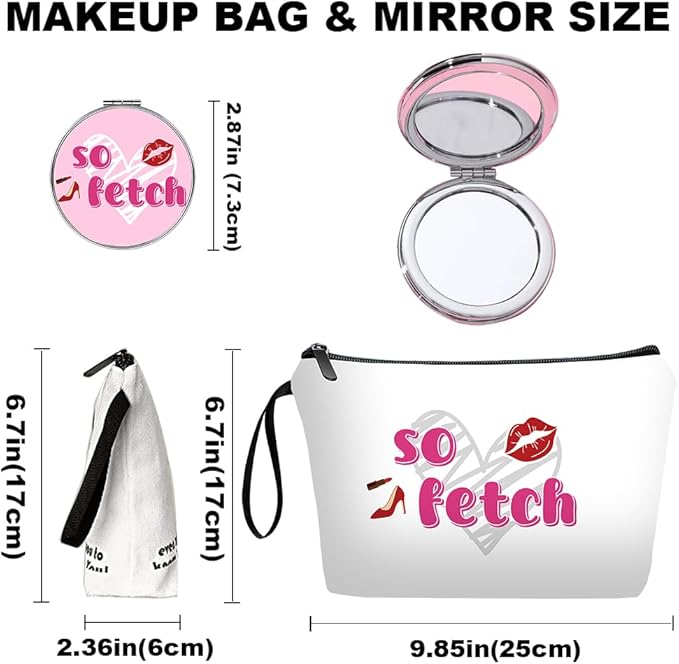 Personalized funny so fetch Makeup Bag set with Mirror for Women,cool white Cosmetic bag kit for Bride Bridesmaid with pink brush set,so fetch Gifts for Women Mom Girls femal Friends