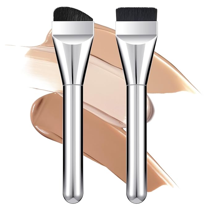 2pcs Spatula Brush Makeup, Flat Foundation Brush, Korean Makeup Brushes for Liquid Makeup Blending Cream, Black Soft Bristles Blending Brushes Silver