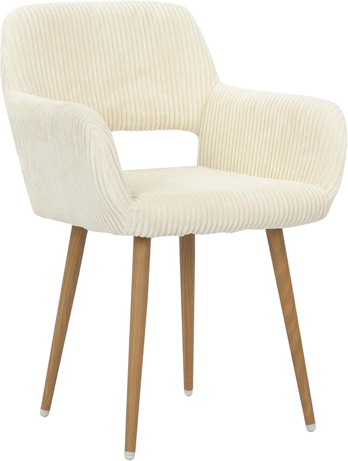 KCC Small Modern Dining Room Arm Chairs 1 Piece, Mid-Century Upholstered Corduroy Fabric Side Seat Club Guest with Metal Tube Legs for Kitchen, Living Room, Beige