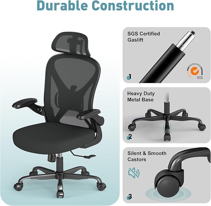 Ergonomic Office Chair with Adjustable Lumbar Support and Headrest, Mesh Home Office Desk Chair with Flip-up Arms and Wheels, Black