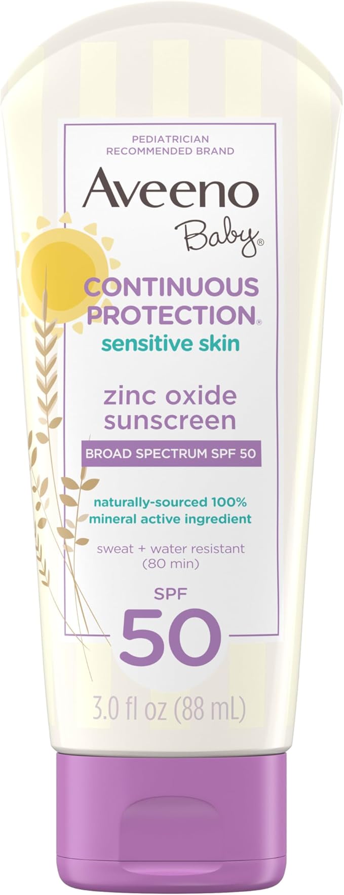 Aveeno Baby Continuous Protection Zinc Oxide Mineral Sunscreen Lotion for Sensitive Skin, Broad Spectrum SPF 50, Tear-Free, Sweat- & Water-Resistant, Paraben-Free, Travel-Size, 3 fl. oz