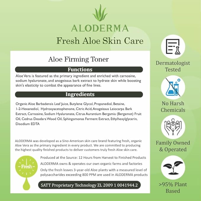 Aloderma Firming Skin Toner with 91% Organic Aloe Vera - Natural Facial Toner for Women with Natural Botanicals to Diminish The Appearance of Fine Lines & Wrinkles - Aloe Vera Facial Toner - 4.2oz