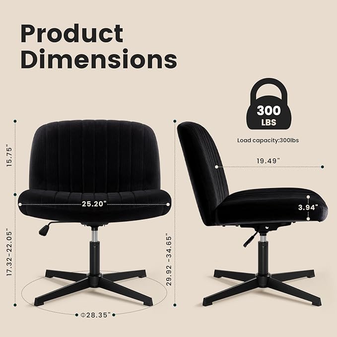 IWMH Criss Cross Chair, Cross Legged Office Chairs no Wheels, Armless Wide Seat Desk Chair with Adjustable Height for Home, Vanity, Bedroom (Black)