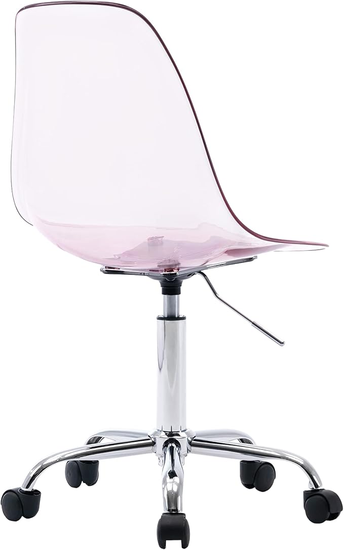 HOMEFUN Clear Desk Chair, Acrylic Rolling Armless Vanity Swivel Height Adjustable Ghost Molded Plastic Home Office Chairs with Wheels, Pink