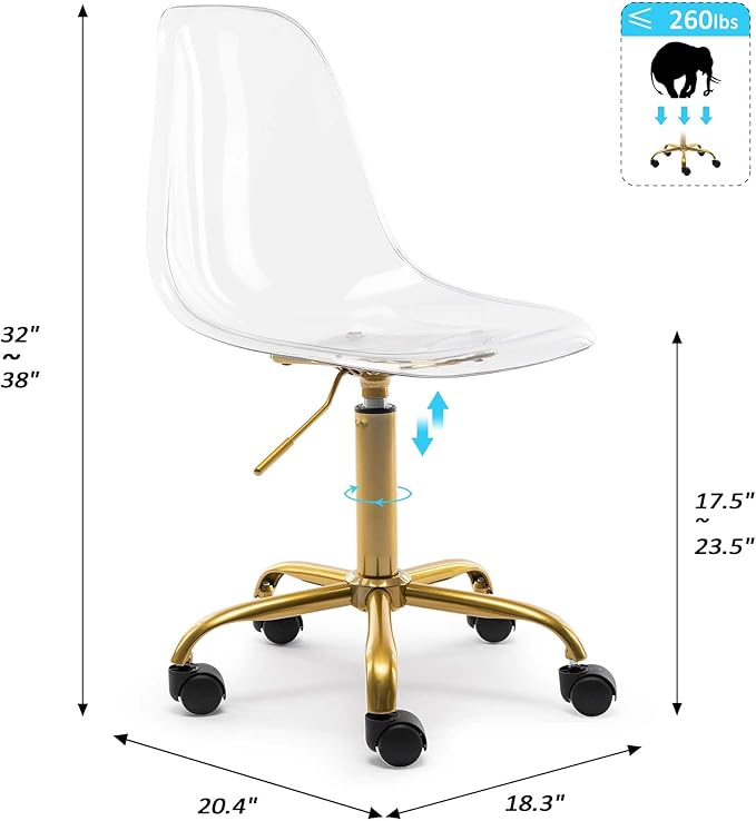 HOMEFUN Clear Desk Chair, Acrylic Rolling Armless Vanity Swivel Height Adjustable Ghost Molded Plastic Home Office Chairs with Golden Feet