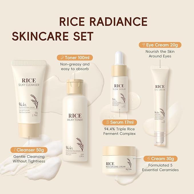 Moisturizing Korean Rice Skin Care Set – Radiance Skincare 5-Step Routine with Rice Cleanser, Toner, Serum, Face Cream, Eye Cream, Hyaluronic Acid & Ceramides for Glowing Skin, All Skin Types