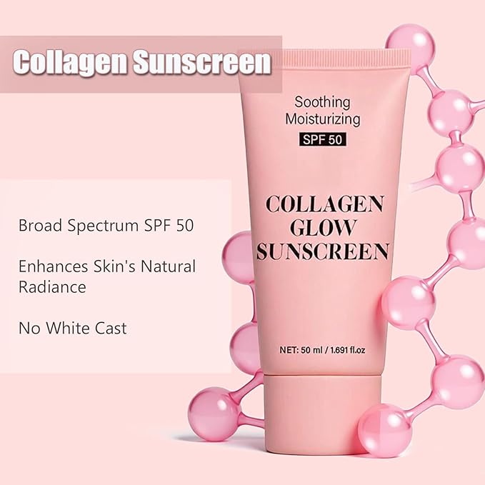 Collagen Sunscreen for Face SPF 50, Hydrating Facial Sunscreen with Collagen, Broad Spectrum UVA/UVB Protection, Natural Glow Effect, Non-Greasy & No White Cast, Travel Size (1PC)
