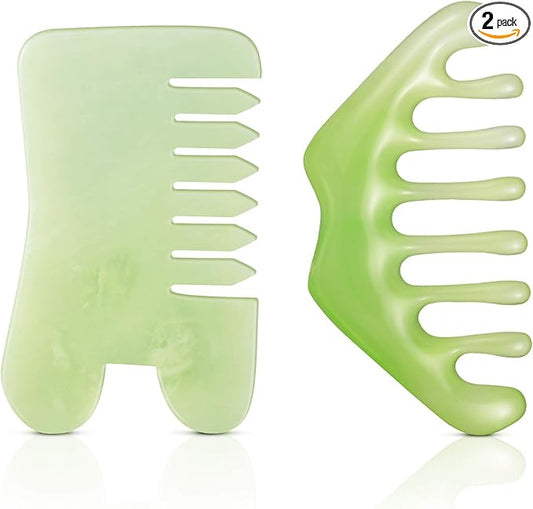 Geiserailie 2 Pcs Jade Combs Esthetician Supplies Massage Stone Hair Gua Sha Scraping Scalp Comb Facial Massage Tool Handheld Head Tools Head Caring Therapy Mother's Day for Women(Mixed Style)