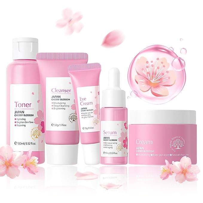 Sakura Skincare Set, Sakura Skin Care for Teens 10-12, Gentle Moisturizing Face Care Kit with Cleanser, Toner, Serum, Eye Cream & Cream, Travel Size Facial Kit for Women Girls