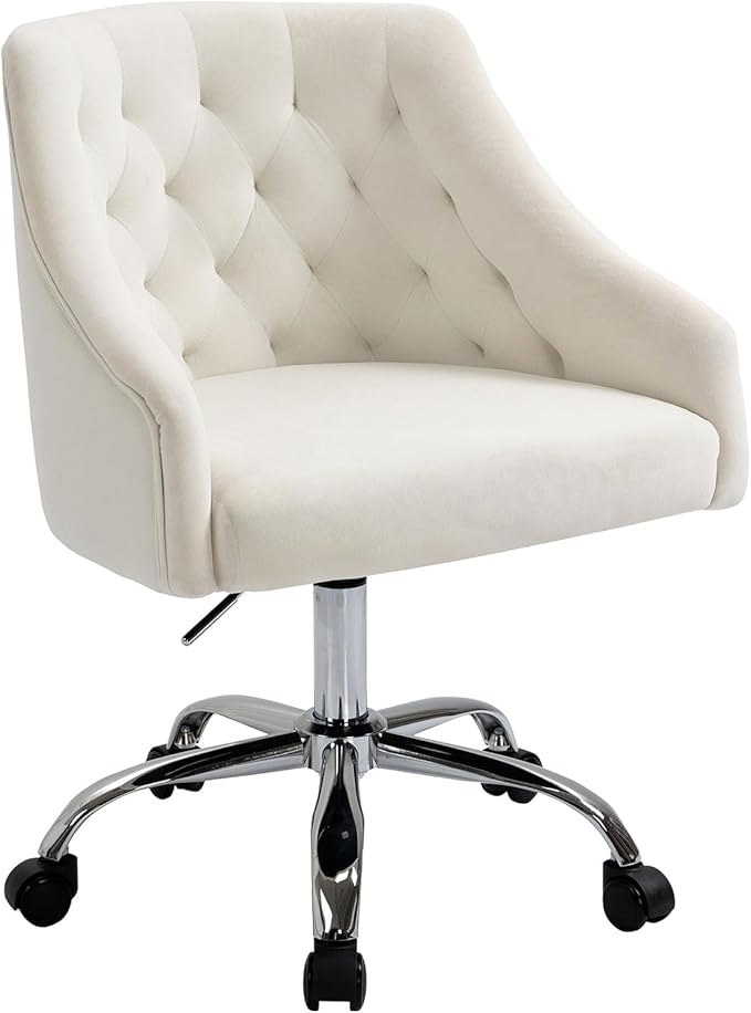 MOJAY Velvet Office Swivel Chair, Vanity Fabric Desk Pretty Fancy Gold Office Chairs for Girls, 360°Swivel Height Adjustable Reception Chair (White)