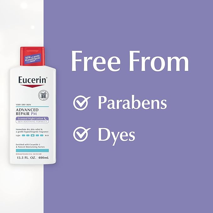 Eucerin Advanced Repair Scented Night Lotion, 48 Hour Moisturizing Body Lotion for Dry Skin with a Hypoallergenic Soothing Scent, Paraben Free, 13.5 Fl Oz Bottle