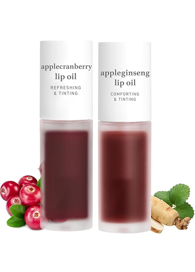 NOONI Korean Vegan Lip Oil - Applecranberry, 0.12 Fl Oz + Korean Lip Oil - Appleginseng, 0.12 Fl Oz Bundle