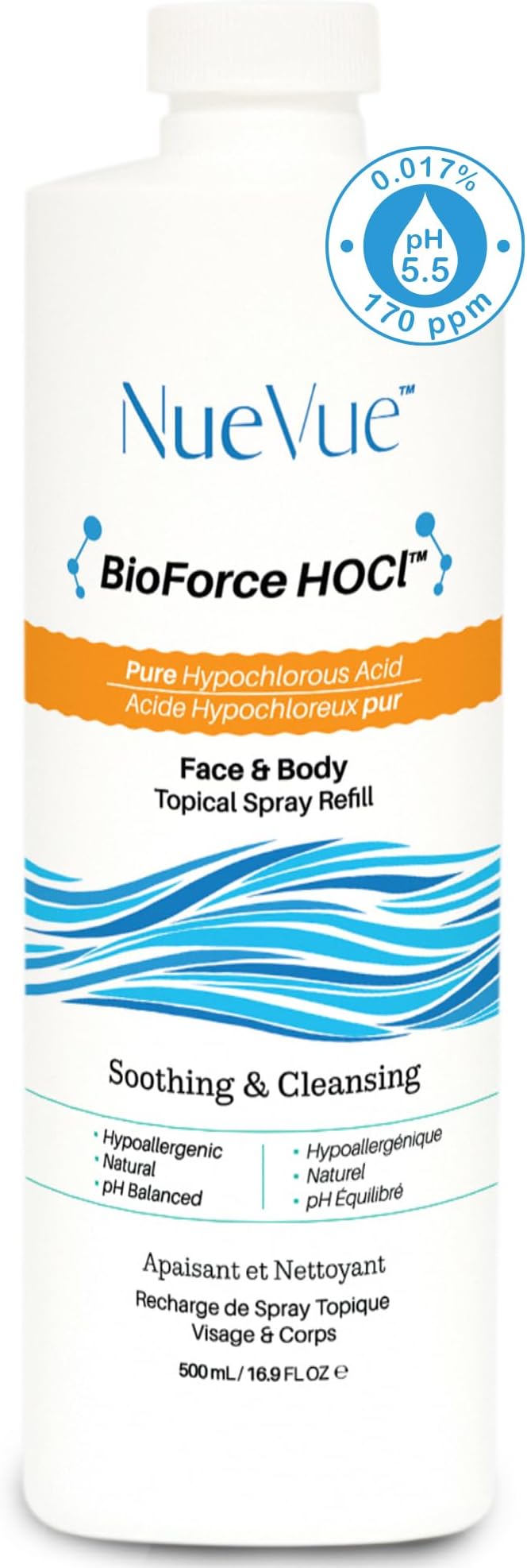 BioForce HOCl Pure Hypochlorous Acid Spray Refill for Face & Body (16.9 Oz) - Acne-Prone Skin & Eczema, Piercing aftercare, Made in Canada, Gentle Skin Cleanser & Toner, pH Balanced, Non-comedogenic
