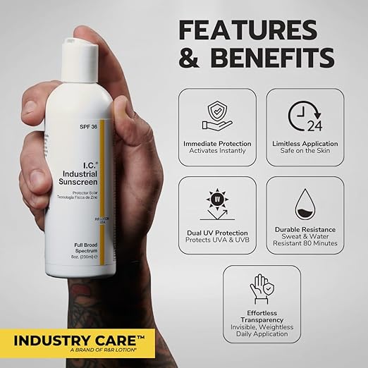 I.C. Industrial Sunscreen Mineral Based SPF 36 Physical Zinc Protection Full Broad Spectrum, 80 Minute Sweat & Water Resistant, Heat Stress, Anti-Inflammatory Properties. USA Gallon (ISSC-GAL)