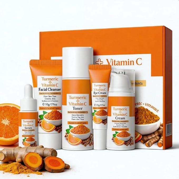 Turmeric Vitamin C Skincare Set for Women, 5 Pieces Face Care Kit - Cleanser Toner Essence Eye Cream Face Moisturizer for Glowing, Brightening Skin, Travel Skin Care Gift Sets for Women