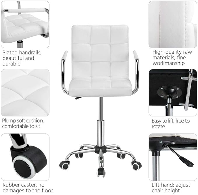 Yaheetech White Office Chair with Wheels and Armrests, Modern PU Leather Desk Chair, Mid-Back Adjustable Executive Chair, 360° Swivel