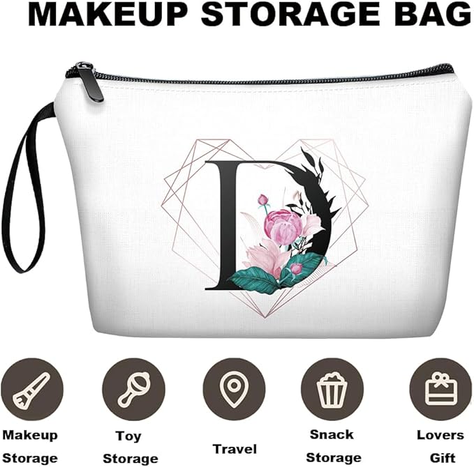 Personalized Initial D floral Makeup Bag set with Mirror for Women,White Ietter Bride Bridesmaid travel Cosmetic bag kit with10 pieces pink brush set,Initial Gifts for Girls Mom femal Friends