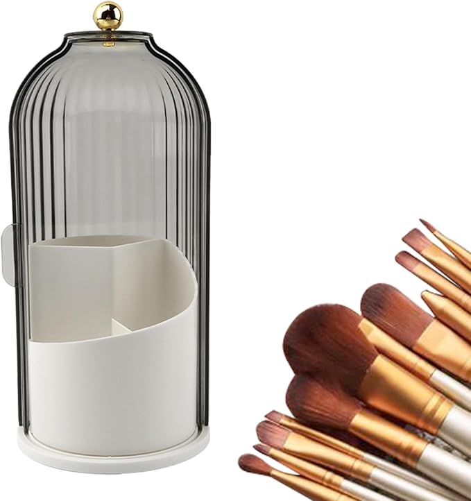 Makeup Brush Holder with Lid, 360 Rotating Sliding Opening Cosmetic Tools Organizer, Waterproof Dustproof Makeup Brush Organizer for Vanity Desktop Bathroom Countertop(COLOR:White And Black)