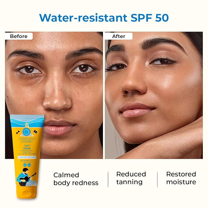 Conscious Chemist® Sun Drink Hybrid SPF 50 PA++++ Sunscreen Unwind Edition | Water Resistant , Ceramides & Milk Thistle Extract | UVA/UVB Protection | All Skin Type | No White Cast | Cruelty Free | 50g