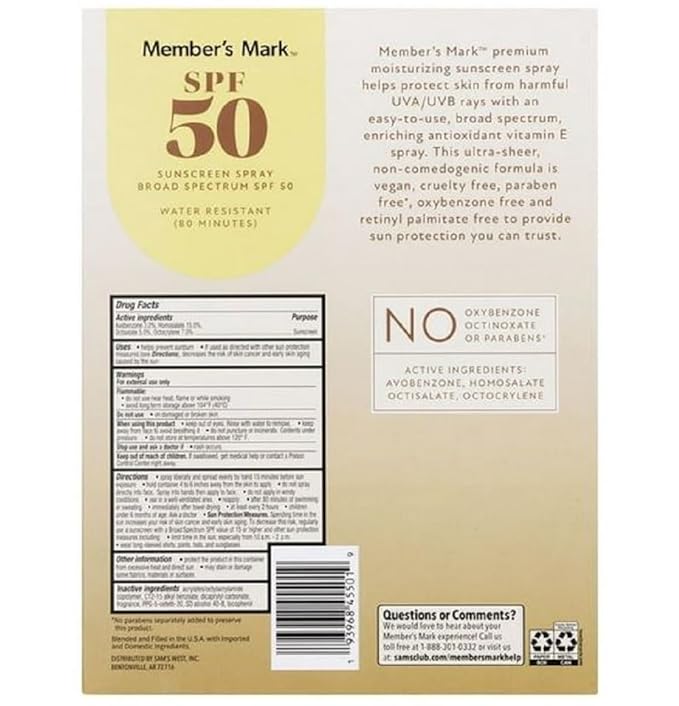 Members Mark SPF 50 Sunscreen Spray, 9.1 oz, 3 Pack – Broad Spectrum UVA/UVB Protection, Water Resistant, Non-Greasy Continuous Spray Sunscreen