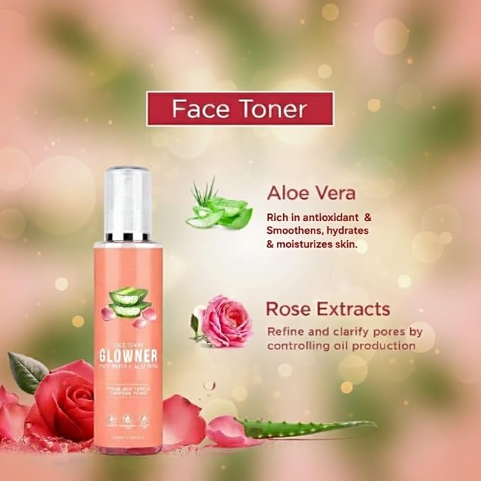 Organic Glowner Face Toner Face Mist, Alcohol Free, Rose Water 100ml Pore Minimizing Tightening Natural Toner Spray for Glowing Skin - All Skin Types