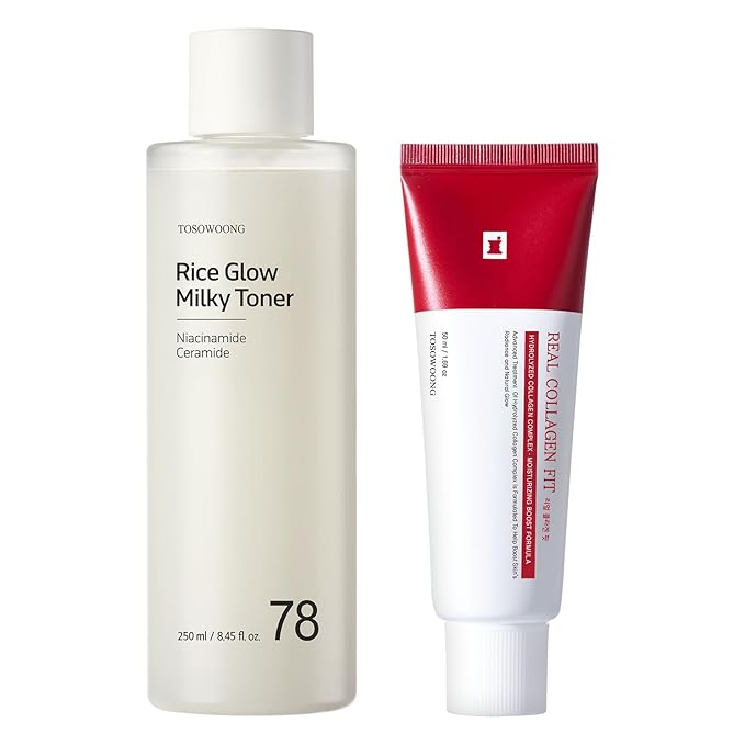 TOSOWOONG Glow and Hydration Duo: Real Collagen Fit & Rice Glow Milky Toner | Enhance Skin Elasticity and Achieve Glass Skin