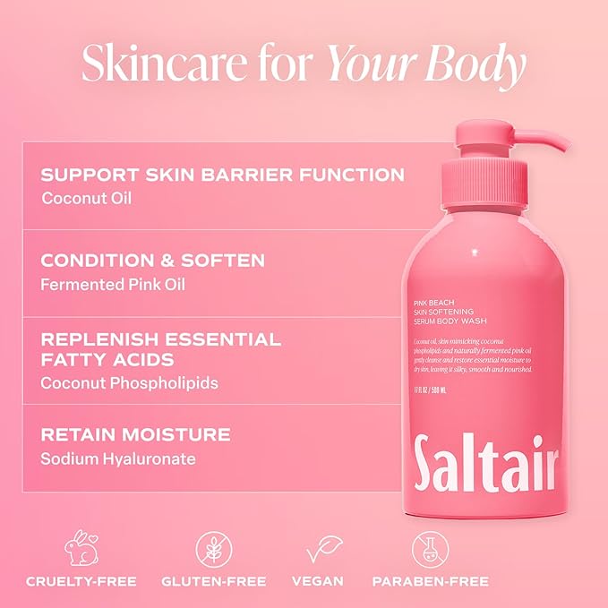 Saltair Body Wash 2-Pack – Moisturizing Body Wash with Hyaluronic Acid & Coconut Oil – Scented Shower Gel for Women and Men – Pink Beach Scent, 2x 17oz – Vegan, Cruelty-Free, Paraben-Free