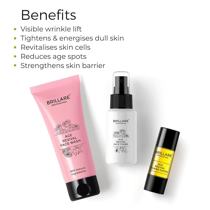 Brillare Age Revival Natural Face Wash, Toner and Face Serum Combo With Hyaluronic Acid, Rose and Sandalwood