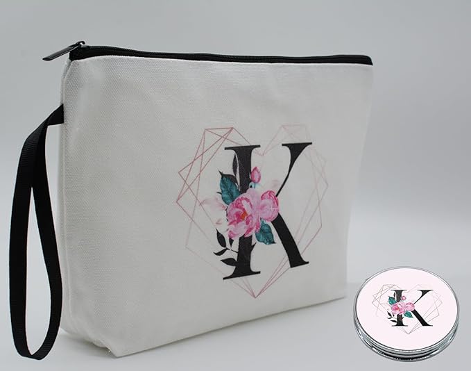 Personalized Initial K floral Makeup Bag set with Mirror for Women,White Ietter travel Cosmetic bag kit for Bride Bridesmaid with10 pieces pink brush set,Initial Gifts for Girls Mom femal Friends